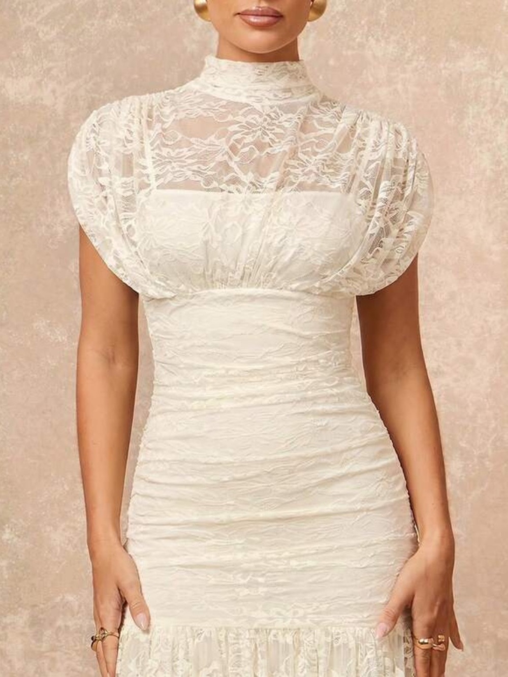 Elegant White Lace High-Neck Puff Sleeve Dress